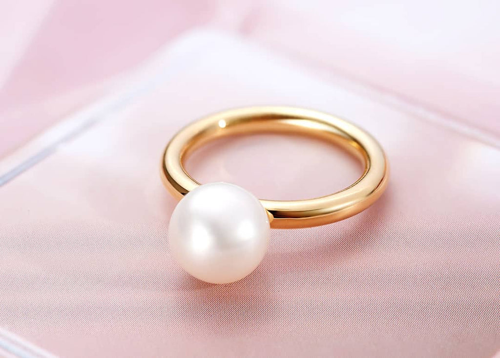 Nhẫn nữ Vàng Ngọc trai trắng White Freshwater Pearl Classic Ring in 14K Yellow Gold by AME Jewellery