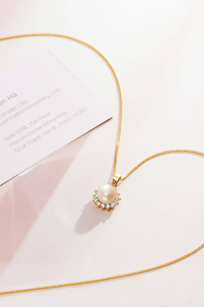 Mặt dây chuyền Vàng 14K Ngọc trai trắng White Freshwater Pearl Sunflower Pendant 14K Gold by AME Jewellery