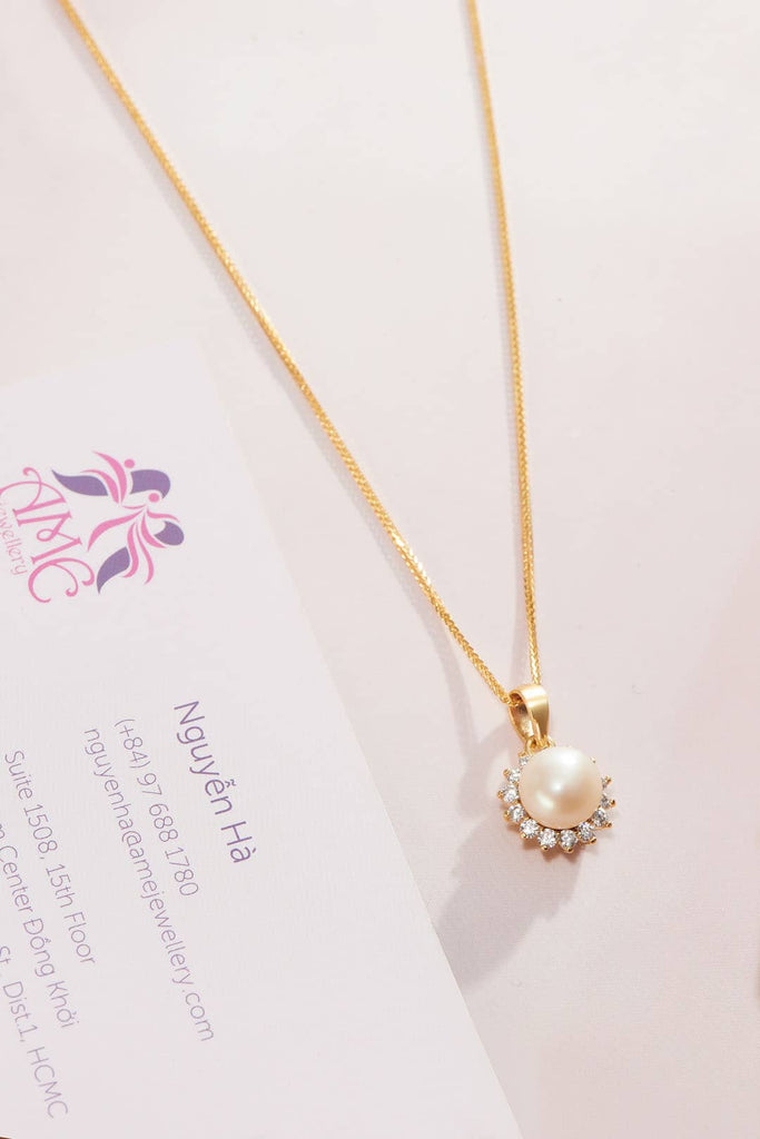 Mặt dây chuyền Vàng 14K Ngọc trai trắng White Freshwater Pearl Sunflower Pendant 14K Gold by AME Jewellery