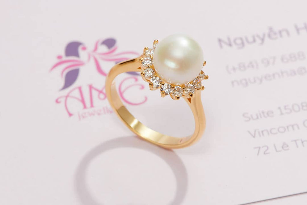 Nhẫn Vàng 14K Ngọc trai trắng White Freshwater Pearl Sunflower Ring in 14K Yellow Gold by AME Jewellery