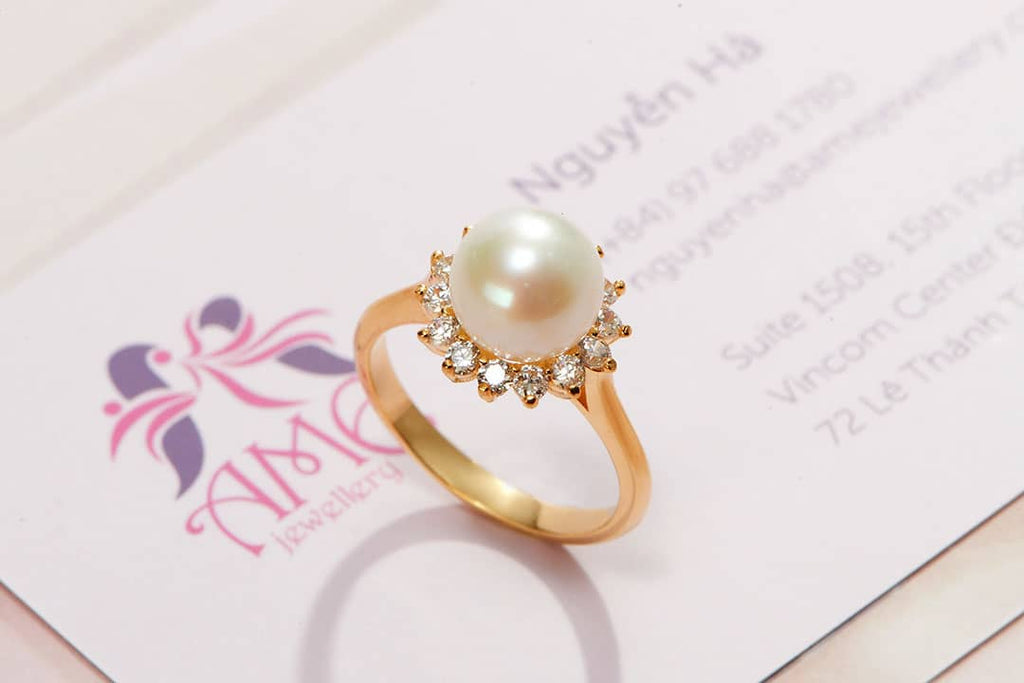 Nhẫn Vàng 14K Ngọc trai trắng White Freshwater Pearl Sunflower Ring in 14K Yellow Gold by AME Jewellery