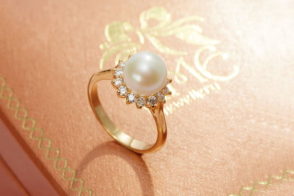 Nhẫn Vàng 14K Ngọc trai trắng White Freshwater Pearl Sunflower Ring in 14K Yellow Gold by AME Jewellery