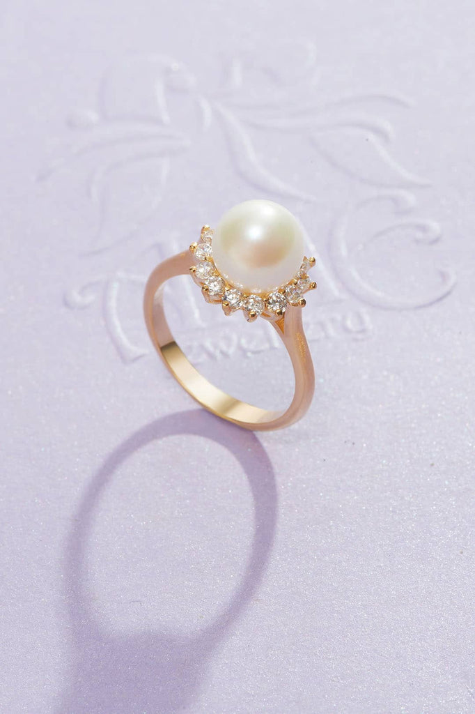 Bông tai Ngọc trai White Freshwater Pearl Sunflower Ring in 14K Yellow Gold | AME Jewellery